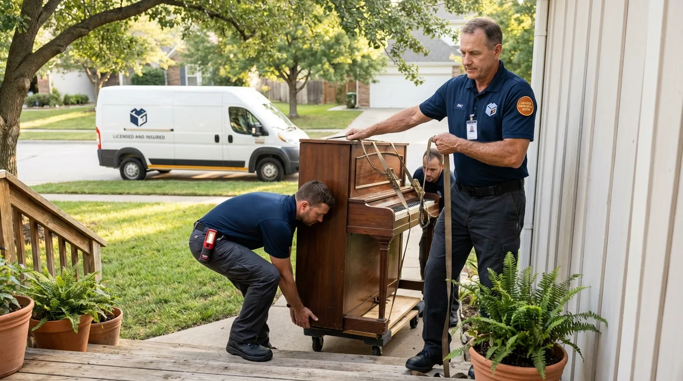 Licensed piano movers securing grand piano in Trafford, PA