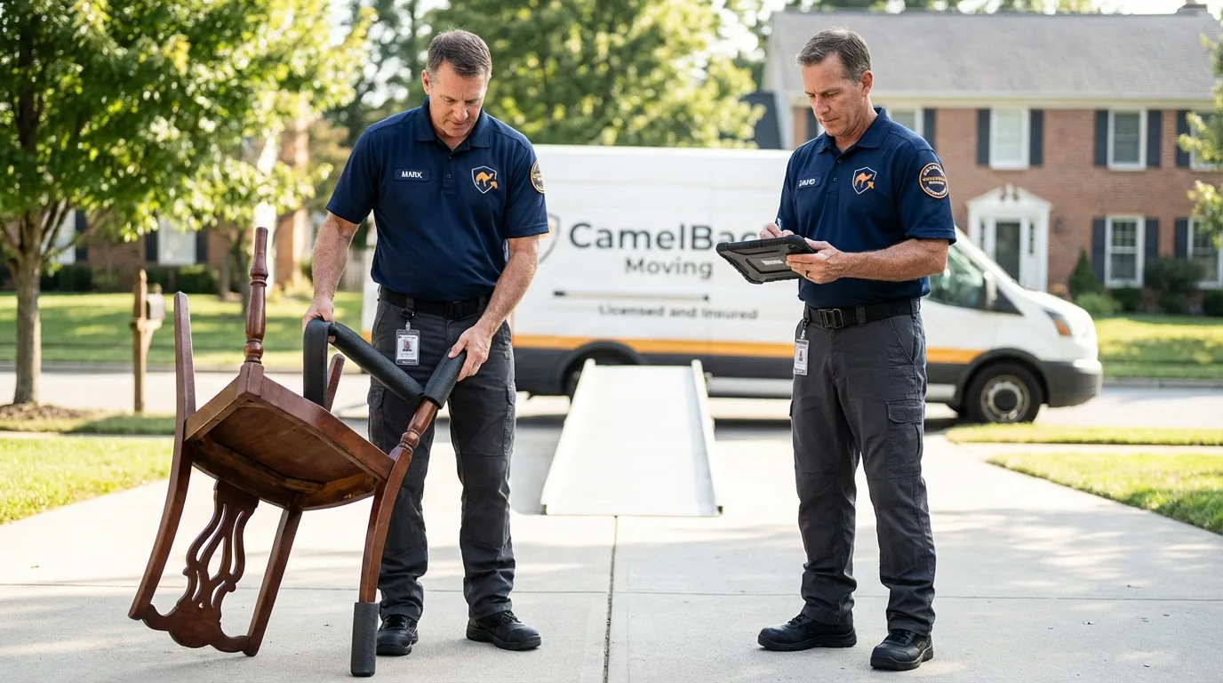 Movers inspecting furniture for damage prevention before loading in Trafford, PA