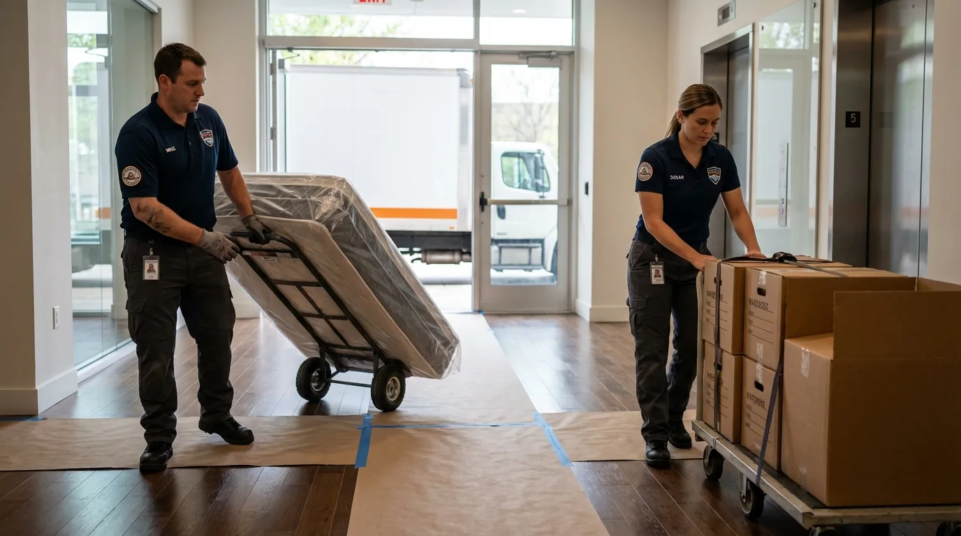 Professional apartment movers loading elevator in Trafford, PA